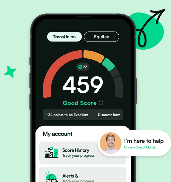 Credit Angel app showing a 459 credit score dashboard with a message from Chris, your credit guide
