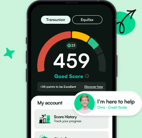 Credit Angel app showing a 459 credit score dashboard with a message from Chris, your credit guide